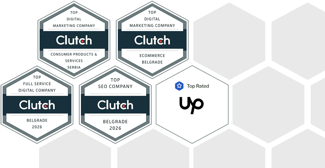 Hexagon background with Clutch and Upwork badges that Digital Bees agency holds